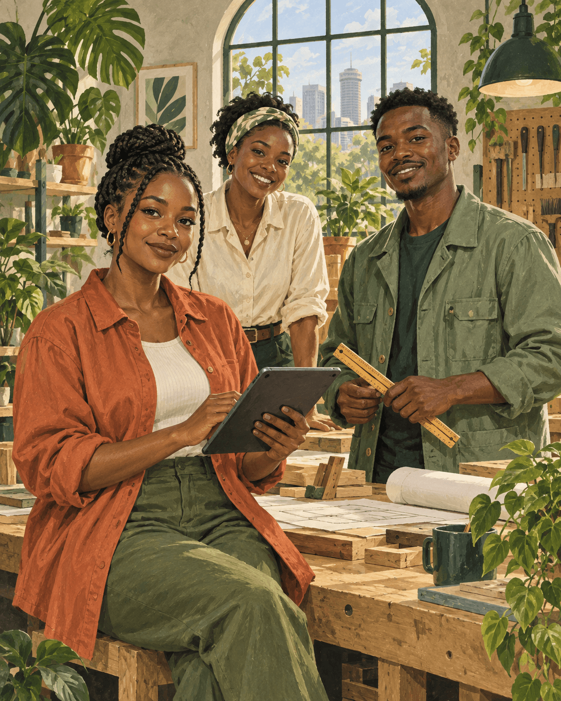 An original illustration of three young Kenyan professionals collaborating in a sunlit workshop